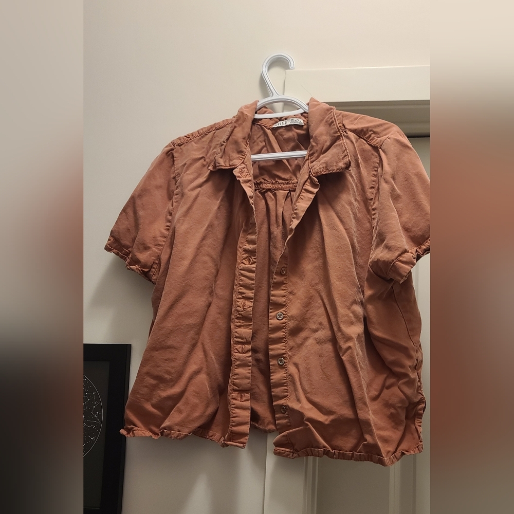 Women's Ruffled Button-Up Blouse in Tan